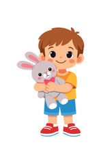 Obraz premium kid holding stuffed bunny toy favorite soft friend clean shapes. colored flat icon vector illustration