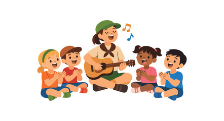 Fototapeta premium counselor teaching group of kids simple camp song kids clapping and singing together clean shapes. colored flat icon vector illustration