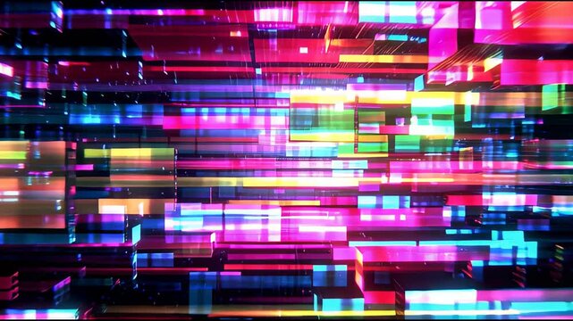 Vibrant digital data streams flowing rapidly across a futuristic neon-lit cityscape