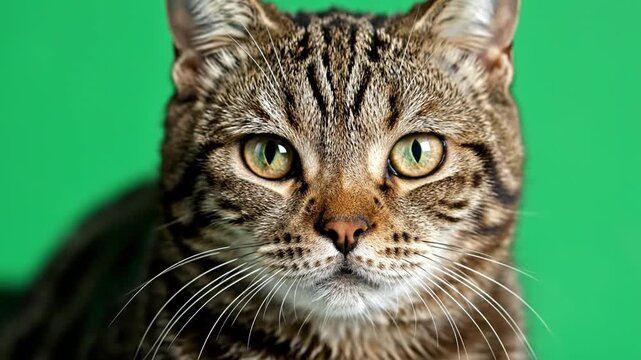 Close-up studio portrait of a domestic shorthair tabby cat with striking green eyes against a vibrant green background