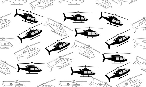 Abstract seamless helicopter pattern with outline and silhouette icon, side view rotor and tail shapes, repeatable vector background for aviation and transportation theme, wallpaper, textile, wrapping