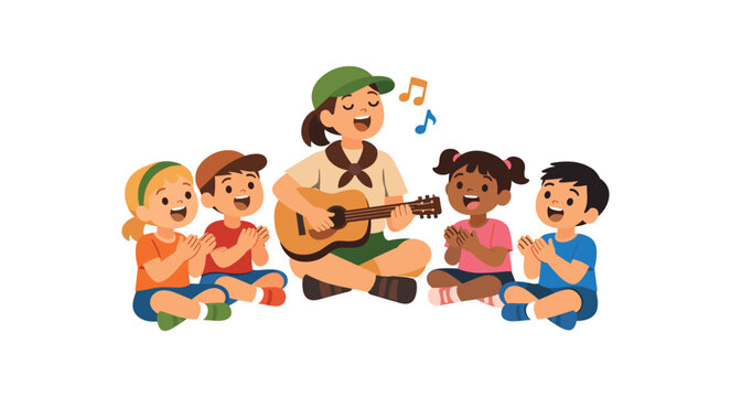 counselor teaching group of kids simple camp song kids clapping and singing together clean shapes. colored flat icon vector illustration