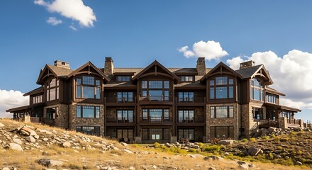Luxurious mountain lodge with rustic stone and wood exterior