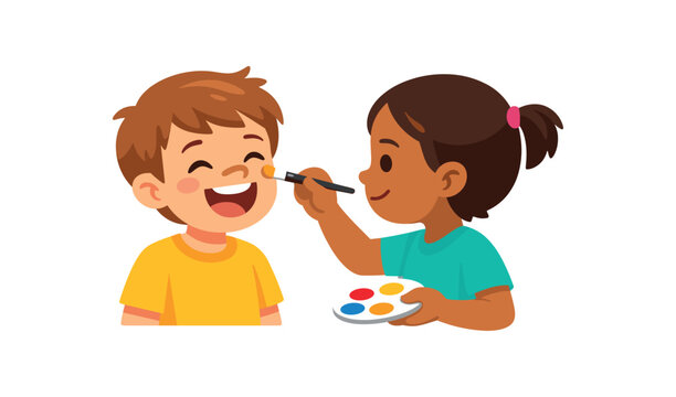 child laughing while friend paints gentle on nose during face painting time clean shapes. colored flat icon vector illustration