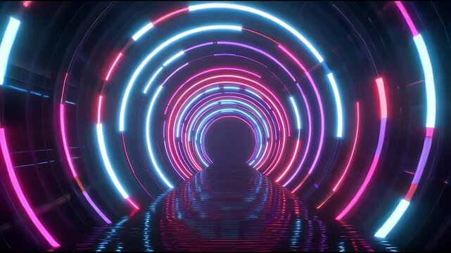 A person walking through a futuristic tunnel illuminated by vibrant neon lights in a circular pattern