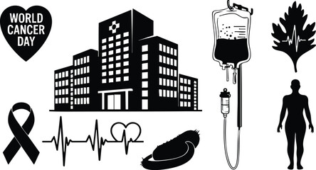 Black and white vector icons representing world cancer day including heart shape ribbon hospital building infusion bag heartbeat leaf silhouette human body symbol