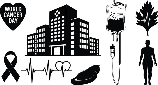 Black and white vector icons representing world cancer day including heart shape ribbon hospital building infusion bag heartbeat leaf silhouette human body symbol