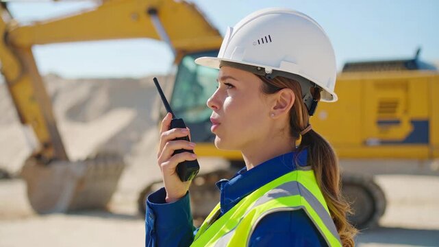 Construction worker speaking into a radio transceiver at a job site with heavy machinery