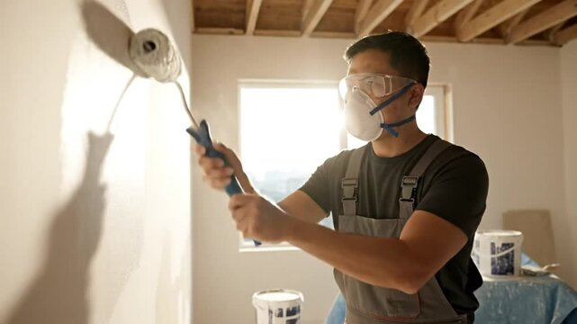 Painter wearing safety gear applies white paint to a wall with a roller during home renovation