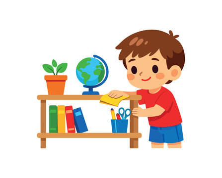child dusting shelf with small cloth caring for classroom environment clean shapes. colored flat icon vector illustration