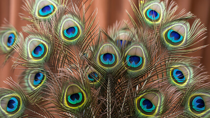 Obraz premium Vibrant peacock feathers displayed against a warm background