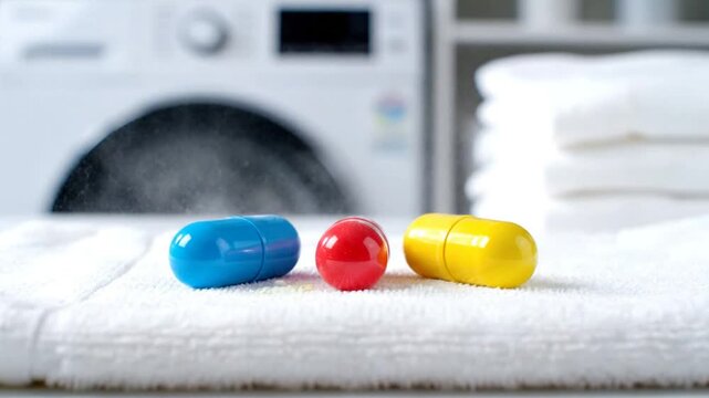 Colorful laundry tablets falling onto a clean white towel with a washing machine in the background