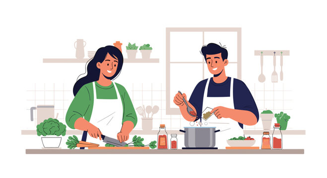 Man and woman in white aprons work together in a kitchen to prepare a healthy meal by chopping vegetables and cooking soup in a large pot.