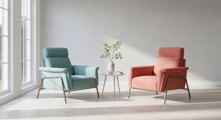 Fototapeta premium Contemporary Living Room Featuring Pastel Teal and Dusty Rose Accent Chairs