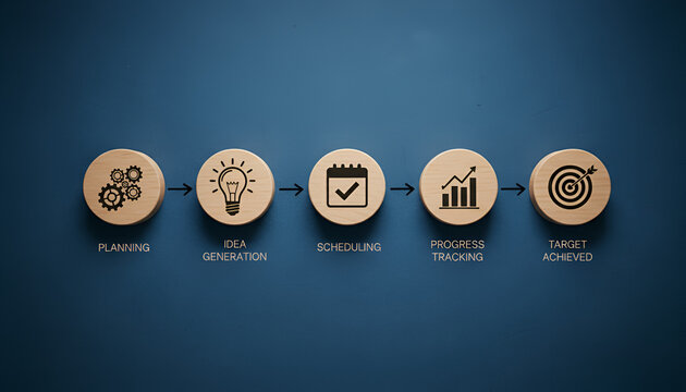 Business Process Diagram: A visual depiction of a business workflow, showcasing the sequential stages from initial planning to target achievement, optimized for business and marketing material.