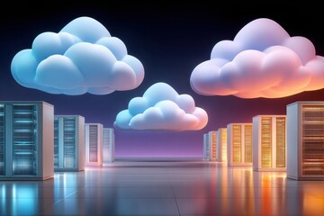 Fototapeta premium Futuristic data center scene with cloud-shaped gears overhead and colorful server racks