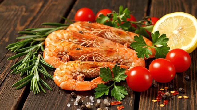Delicious cooked shrimp with fresh rosemary, cherry tomatoes, lemon, and peppercorns on a rustic wooden surface