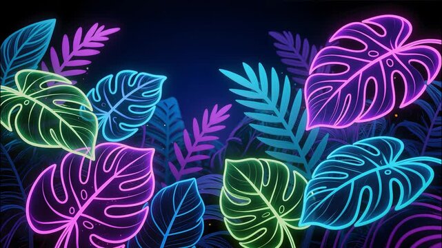 Tropical Neon Monstera Leaves Glowing with Vibrant Pink and Blue Lights