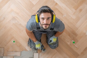 Professional worker wearing safety gear during home renovation work