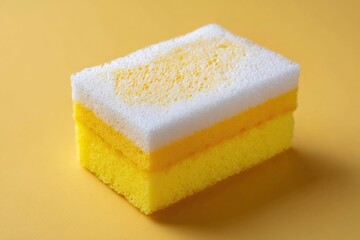 Yellow cleaning sponge with white foam on solid yellow background