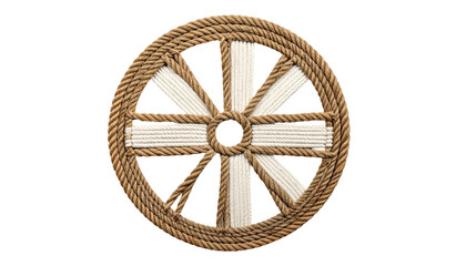 A circular object with a rope outer rim and spokes. The spokes are white and cross, creating a wheel-like design, centered on a black background