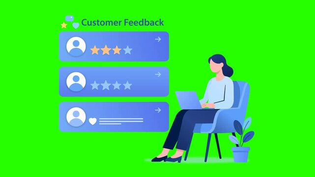 Customer Feedback and Woman Online Review Loop Animation on green Background