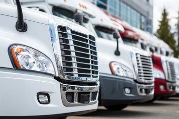 Row of modern freight trucks lined up for logistics transportation