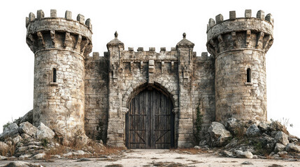 Ancient stone castle gatehouse with large wooden doors and crumbling towers, imposing entrance isolated on transparent background