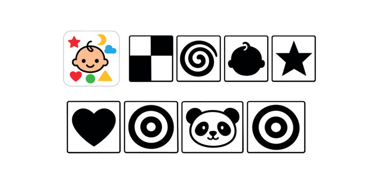 black and white card set with simple shapes newborn visual stimulation cards clean shapes. colored flat icon vector illustration