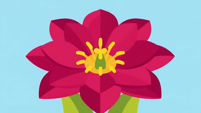 Minimalist red tulip bud illustration with leaves on blue background