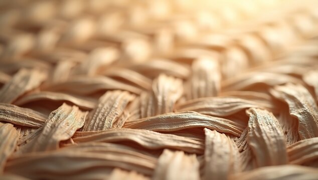 Intricately woven light brown dried natural fibers with visible texture and warm topright illumination
