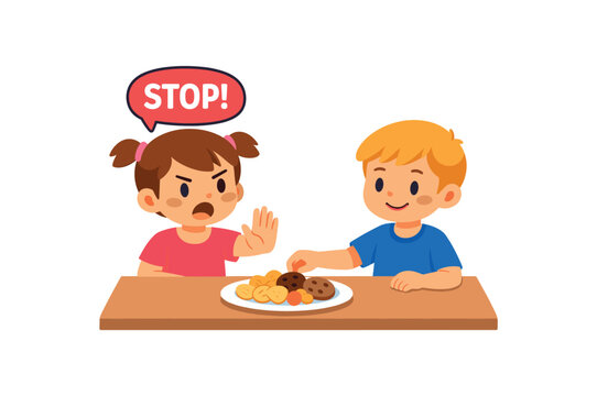 two children at table one saying stop bubble as other tries to take snack limit around food clean shapes. colored flat icon vector illustration