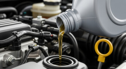 Naklejka premium Vehicle engine oil refilling in modern car, precision maintenance and efficient servicing in automotive care
