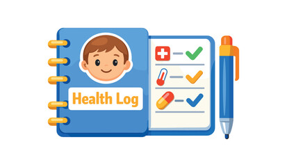 Fototapeta premium small notebook with kid face icon titled health log and pen tracking symptoms and meds clean shapes. colored flat icon vector illustration
