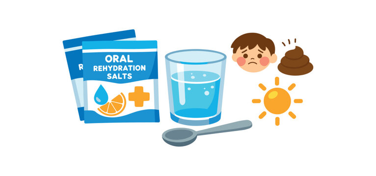 oral rehydration solution sachets with cup and spoon kids diarrhea and heat аптечка item clean shapes. colored flat icon vector illustration