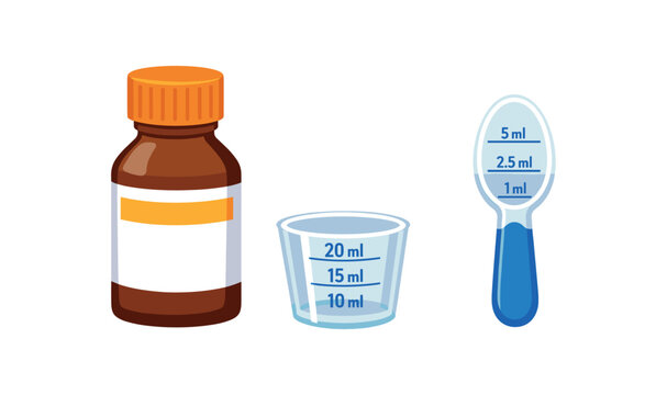 medicine spoon with clear ml marks and dosing cup next to bottle children dosage tools clean shapes. colored flat icon vector illustration
