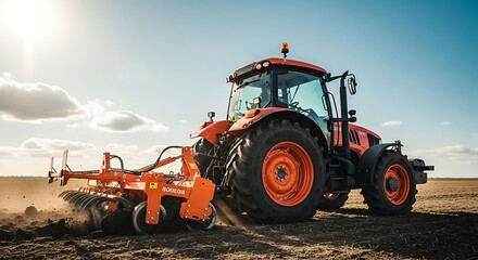 Orange tractor with agricultural equipment working in a field under a bright sunny sky with scattered clouds