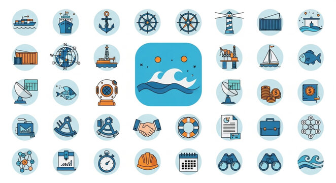 Collection of nautical and maritime themed icons and symbols.
