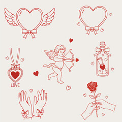 Valentine's Day doodles, a collection of whimsical hand-drawn elements with roses, cupid, and hearts.