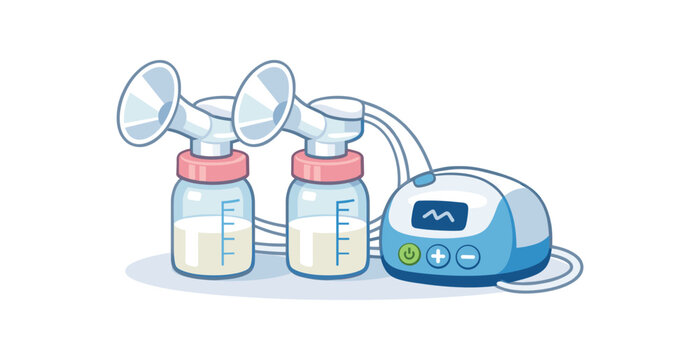 electric breast pump set two bottles and tubing standing on table modern lactation tool clean shapes. colored flat icon vector illustration