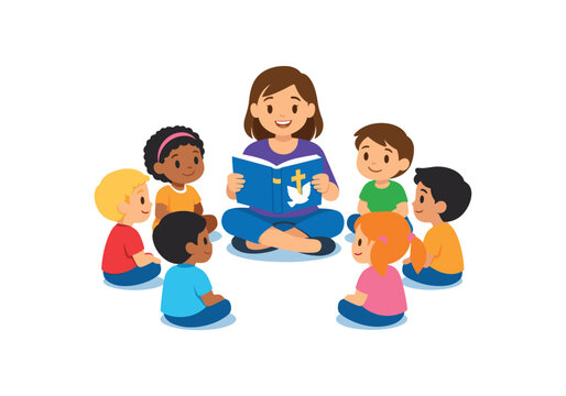 children sitting circle around teacher holding story book with dove symbol kids bible lesson clean shapes. colored flat icon vector illustration