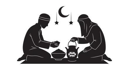 Muslim couple breaking fast together during Ramadan with lantern and crescent moon
