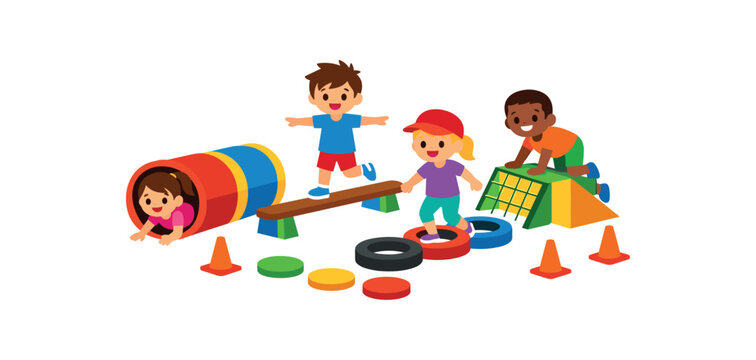 kids obstacle course with tunnels cones balance beams children adventure training clean shapes. colored flat icon vector illustration