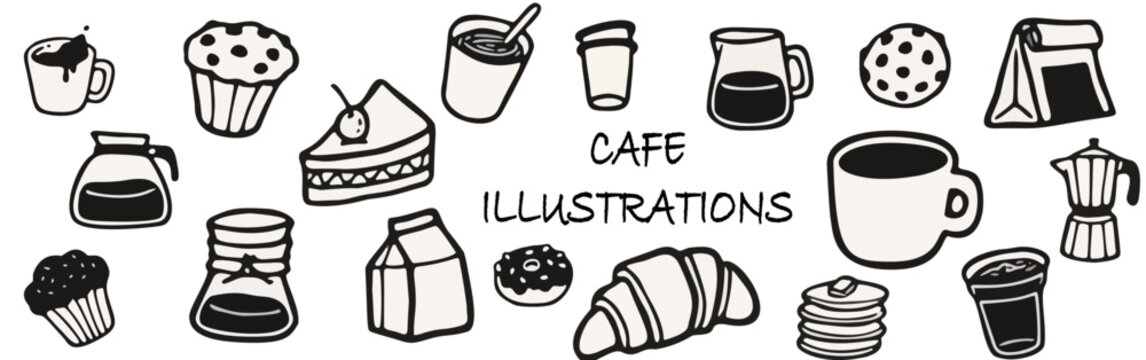 Hand-drawn illustration of a coffee shop, featuring coffee cups, croissants, cakes, donuts, and various pastries.