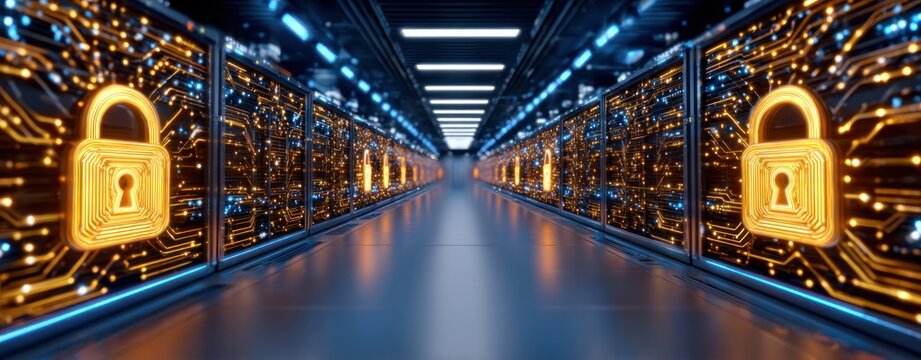 Glowing Golden Digital Padlock Icons Securing Server Racks in Futuristic Data Center Corridor Cybersecurity Infrastructure Efficiency Security Metaverse