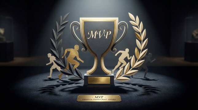 Golden MVP trophy with laurel wreaths and runner silhouettes, symbolizing achievement and victory in sports