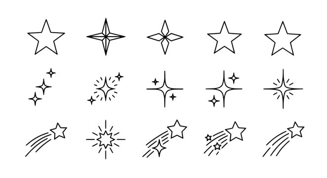 Outline star icon set black vector line art sparkle rating symbols