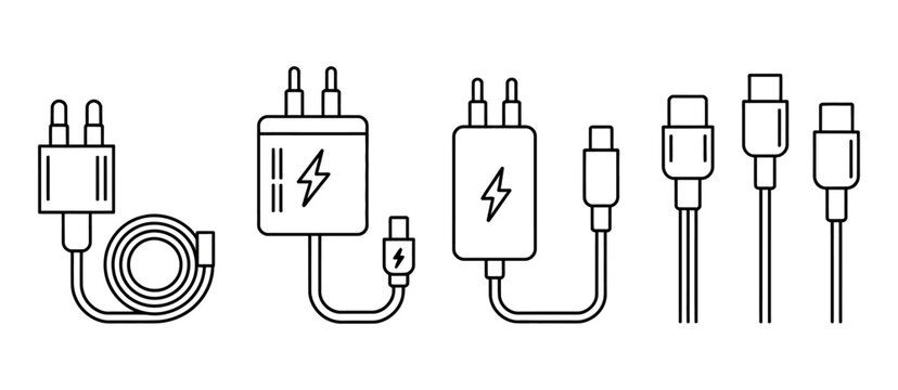 Collection of mobile phone chargers and cables icons vector illustration featuring various charging connectors, power adapters, and cable types for technology, electronics, and communication device gr
