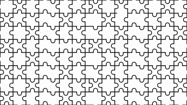 Seamless pattern of interlocking puzzle pieces outline, representing teamwork, problem solving, connection, logic, and abstract background texture in black and white.