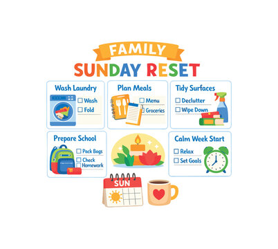 family sunday reset board checklists wash laundry plan meals tidy surfaces prepare school calm week start clean shapes. colored flat icon vector illustration